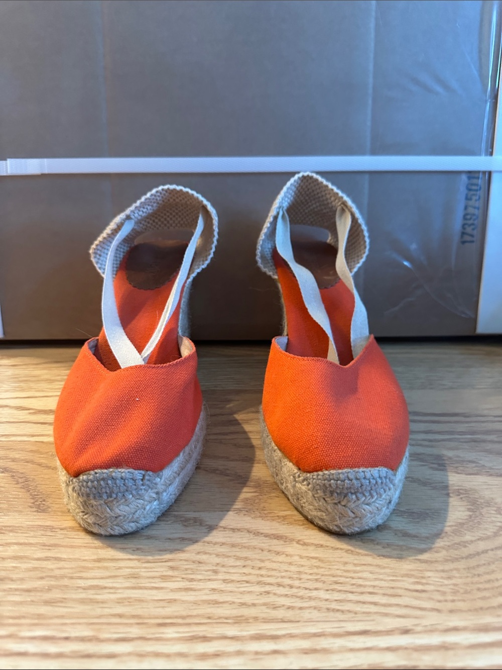 J. Crew Bright Orange Canvas Espadrille Wedge Sandals with Ankle Straps